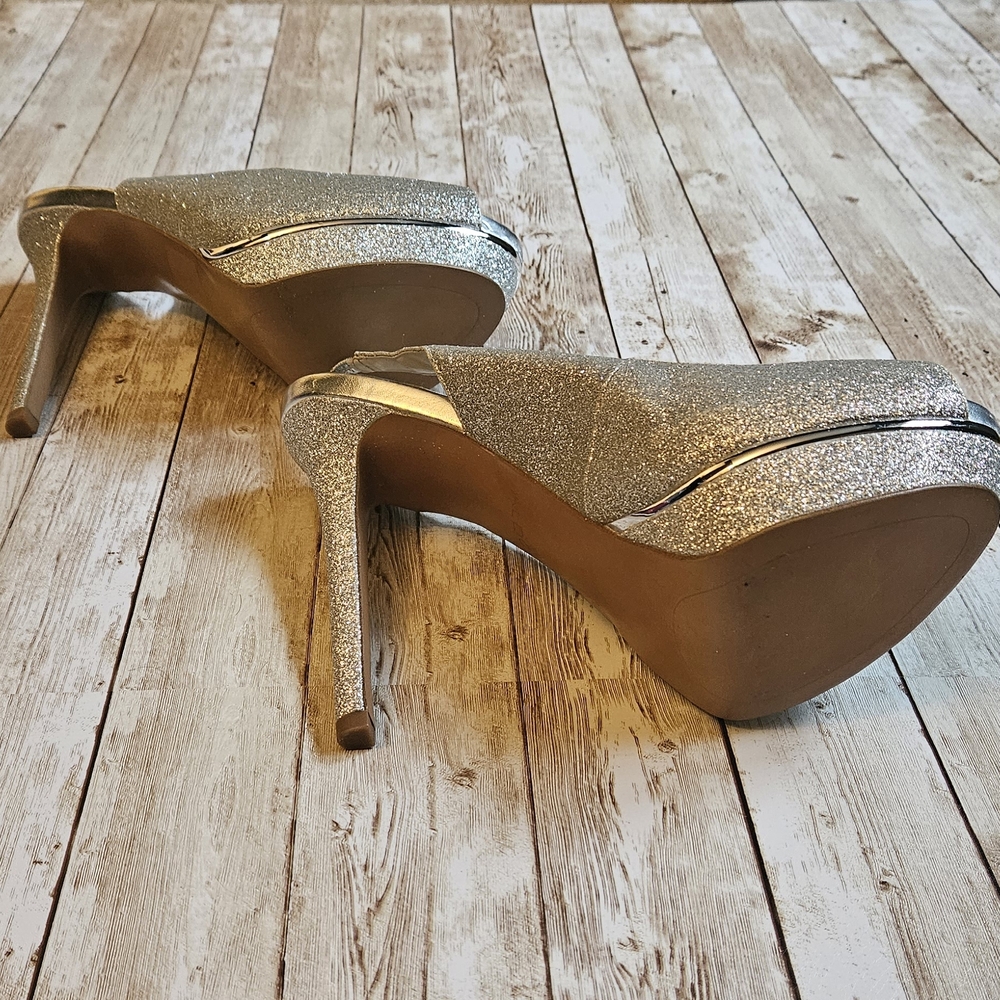 Aldo Silver Sparkle Peeptoe Platform Heels SZ 10 - Picture 7 of 8